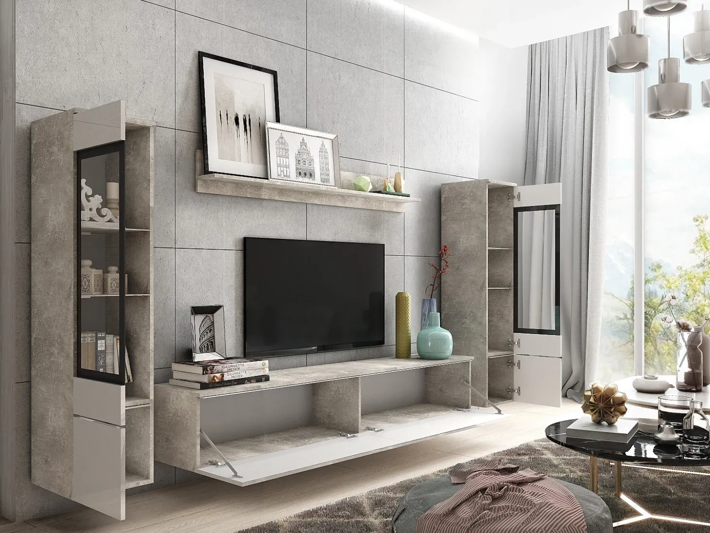 Conjunto moderno de muebles de salón 4 piezas, mueble TV 180 cm, 2 vitrinas y estante, cuerpo hormigón mate, frentes blanco brillo, de pie o colgante