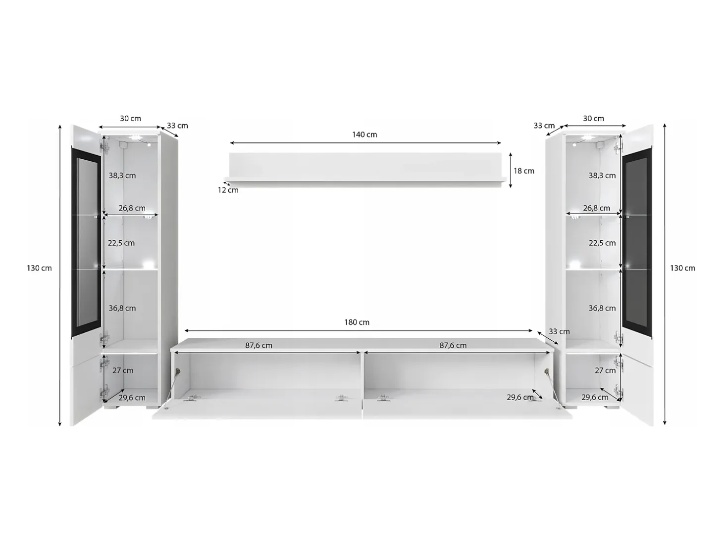 Conjunto moderno de muebles de salón 4 piezas, mueble TV 180 cm, 2 vitrinas y estante, cuerpo hormigón mate, frentes blanco brillo, de pie o colgante