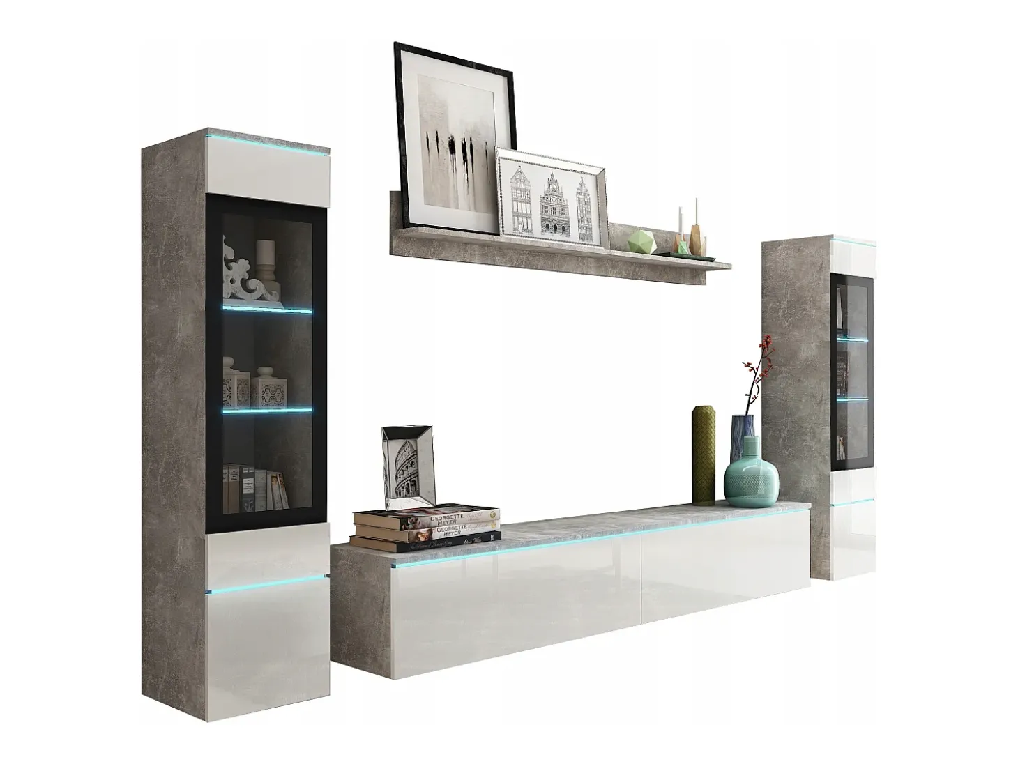 Conjunto moderno de muebles de salón 4 piezas, mueble TV 180 cm, 2 vitrinas y estante, cuerpo hormigón mate, frentes blanco brillo, de pie o colgante