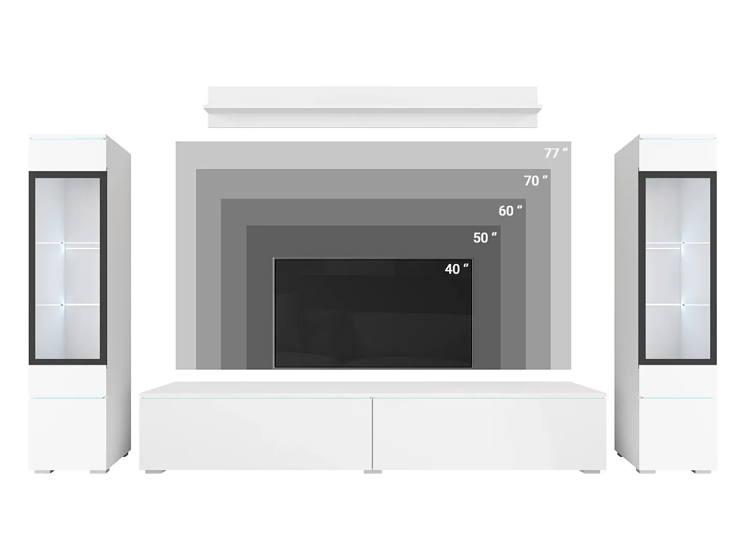 Conjunto moderno de muebles de salón 4 piezas, mueble TV 180 cm, 2 vitrinas y estante, cuerpo hormigón mate, frentes blanco brillo, de pie o colgante