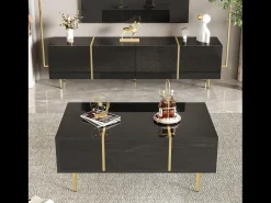 Conjunto moderno mueble TV y mesa de centro - 170 x 35 x 46 cm + 100 x 60 x 41,5 cm - Madera MDF y patas doradas - Negro brillante