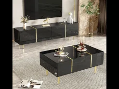 Conjunto moderno mueble TV y mesa de centro - 170 x 35 x 46 cm + 100 x 60 x 41,5 cm - Madera MDF y patas doradas - Negro brillante