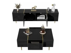 Conjunto moderno mueble TV y mesa de centro - 170 x 35 x 46 cm + 100 x 60 x 41,5 cm - Madera MDF y patas doradas - Negro brillante