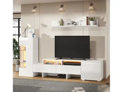 Conjunto mueble TV 3 piezas - Mueble TV + vitrina + estante mural - Iluminación LED - 2 puertas + 2 cajones - Acabado brillante - Blanco