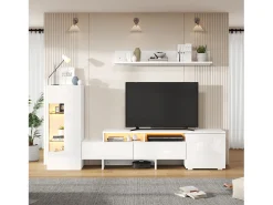 Conjunto mueble TV 3 piezas - Mueble TV + vitrina + estante mural - Iluminación LED - 2 puertas + 2 cajones - Acabado brillante - Blanco