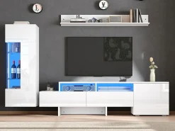 Conjunto mueble TV 3 piezas - Mueble TV + vitrina + estante mural - Iluminación LED - 2 puertas + 2 cajones - Acabado brillante - Blanco