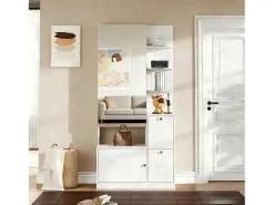 Conjunto perchero de entrada 85x40x180 cm - con espejo y 2 zapateras - 2 puertas - estantes abiertos - blanco