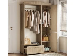 Conjunto vestidor de entrada - 115,5x38,5x194,5 cm - con espejo y tendedero abierto - 1 cajón y 2 puertas - MDF - Color roble