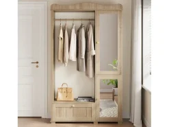 Conjunto vestidor de entrada - 115,5x38,5x194,5 cm - con espejo y tendedero abierto - 1 cajón y 2 puertas - MDF - Color roble