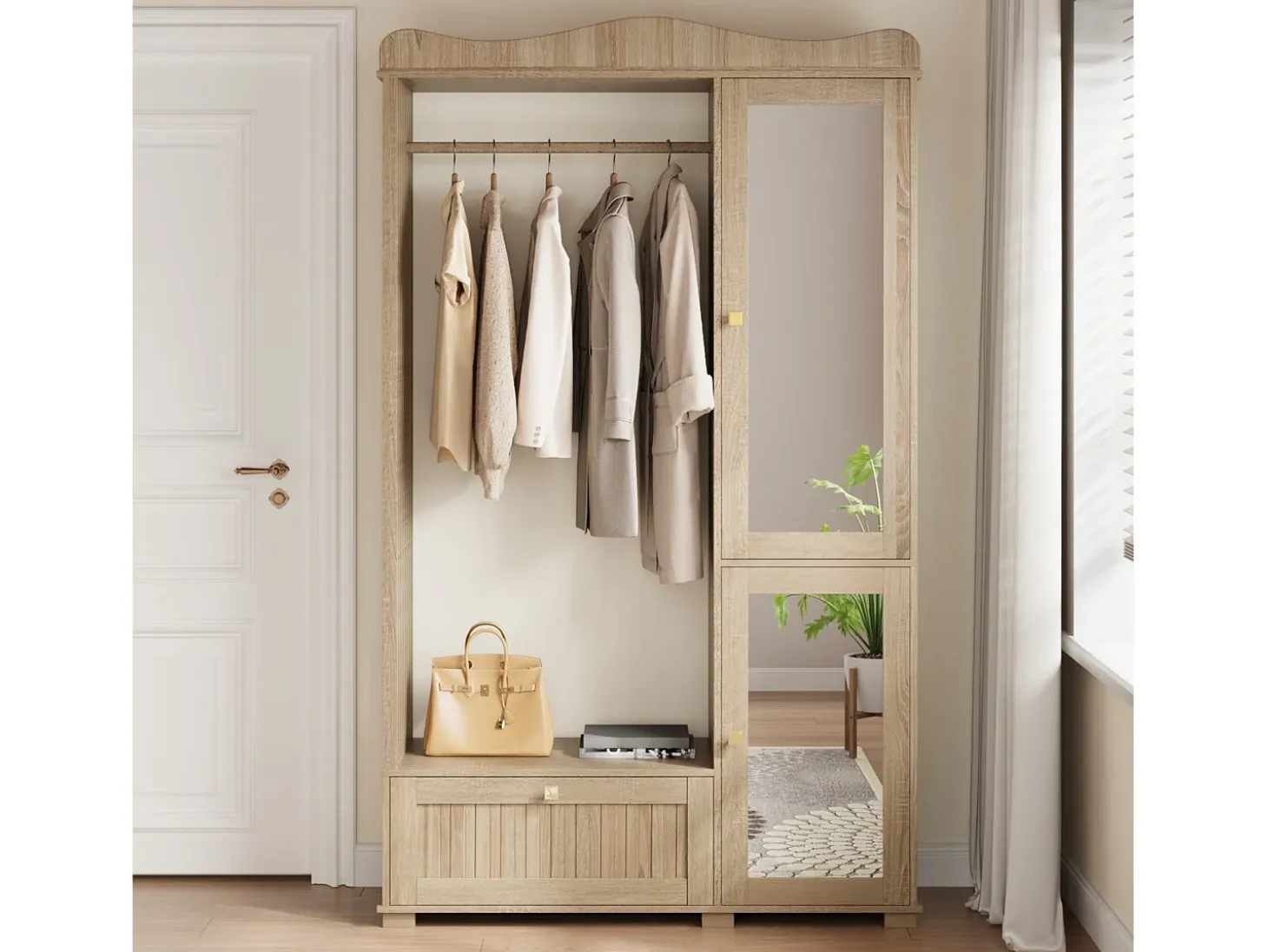 Conjunto vestidor de entrada - 115,5x38,5x194,5 cm - con espejo y tendedero abierto - 1 cajón y 2 puertas - MDF - Color roble