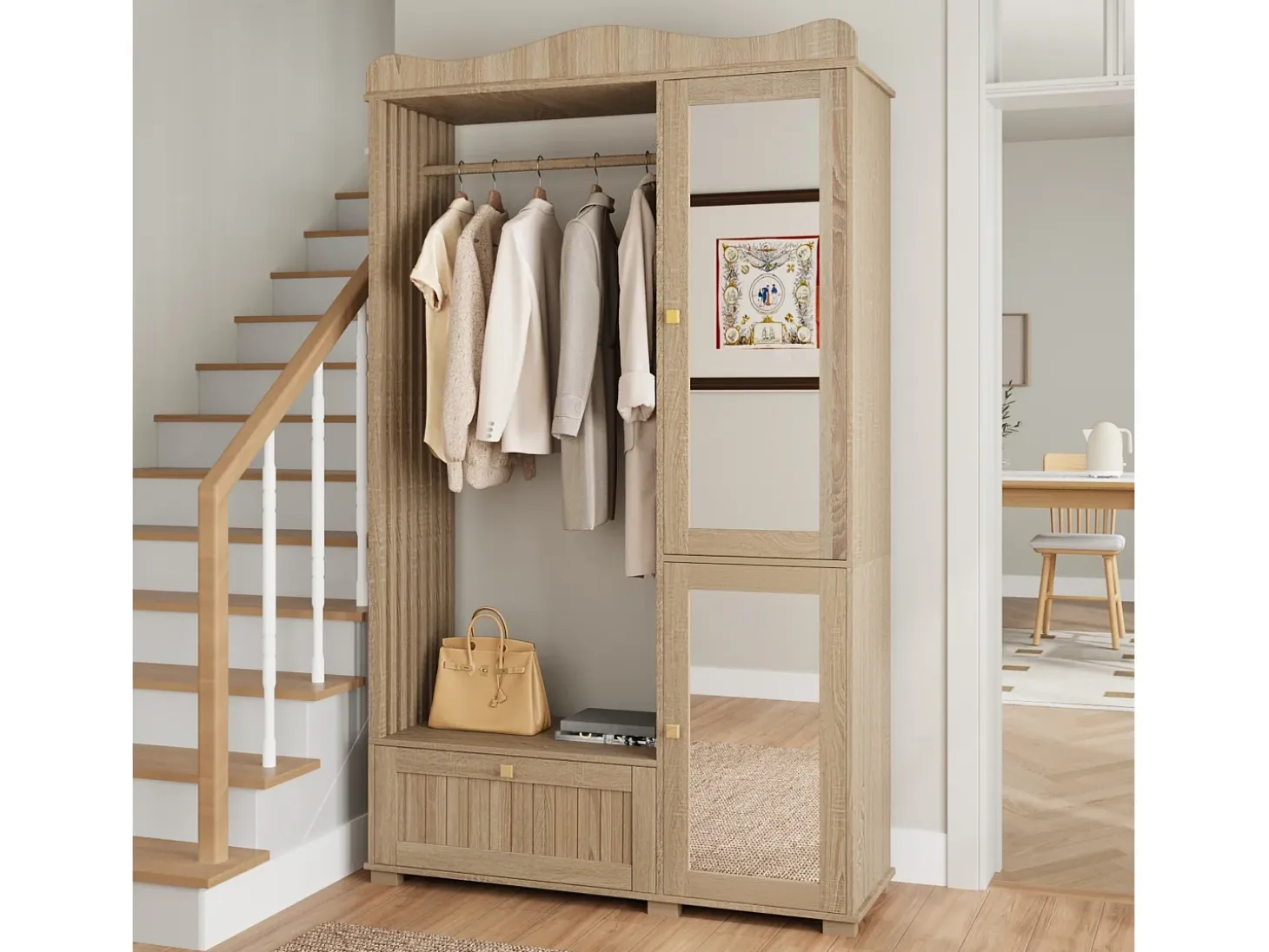 Conjunto vestidor de entrada - 115,5x38,5x194,5 cm - con espejo y tendedero abierto - 1 cajón y 2 puertas - MDF - Color roble