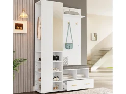 Conjunto vestidor de entrada 120x35x190cm - con 2 cajones y compartimentos de almacenamiento - con espejo y banco para zapatos - Blanco