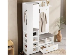 Conjunto vestidor de entrada 120x35x190cm - con 2 cajones y compartimentos de almacenamiento - con espejo y banco para zapatos - Blanco