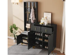 Conjunto zapatero con banco zapatero, perchero - 60,5x35,2x180,5 cm + 83x35x101 cm - Tablero de partículas - Negro