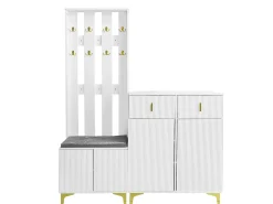 Conjunto zapatero y perchero - 4 puertas, 2 cajones, banco y ganchos - Blanco y dorado