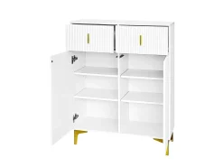 Conjunto zapatero y perchero - 4 puertas, 2 cajones, banco y ganchos - Blanco y dorado