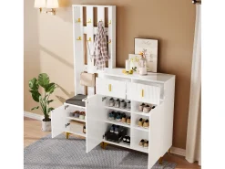 Conjunto zapatero y perchero - 4 puertas, 2 cajones, banco y ganchos - Blanco y dorado
