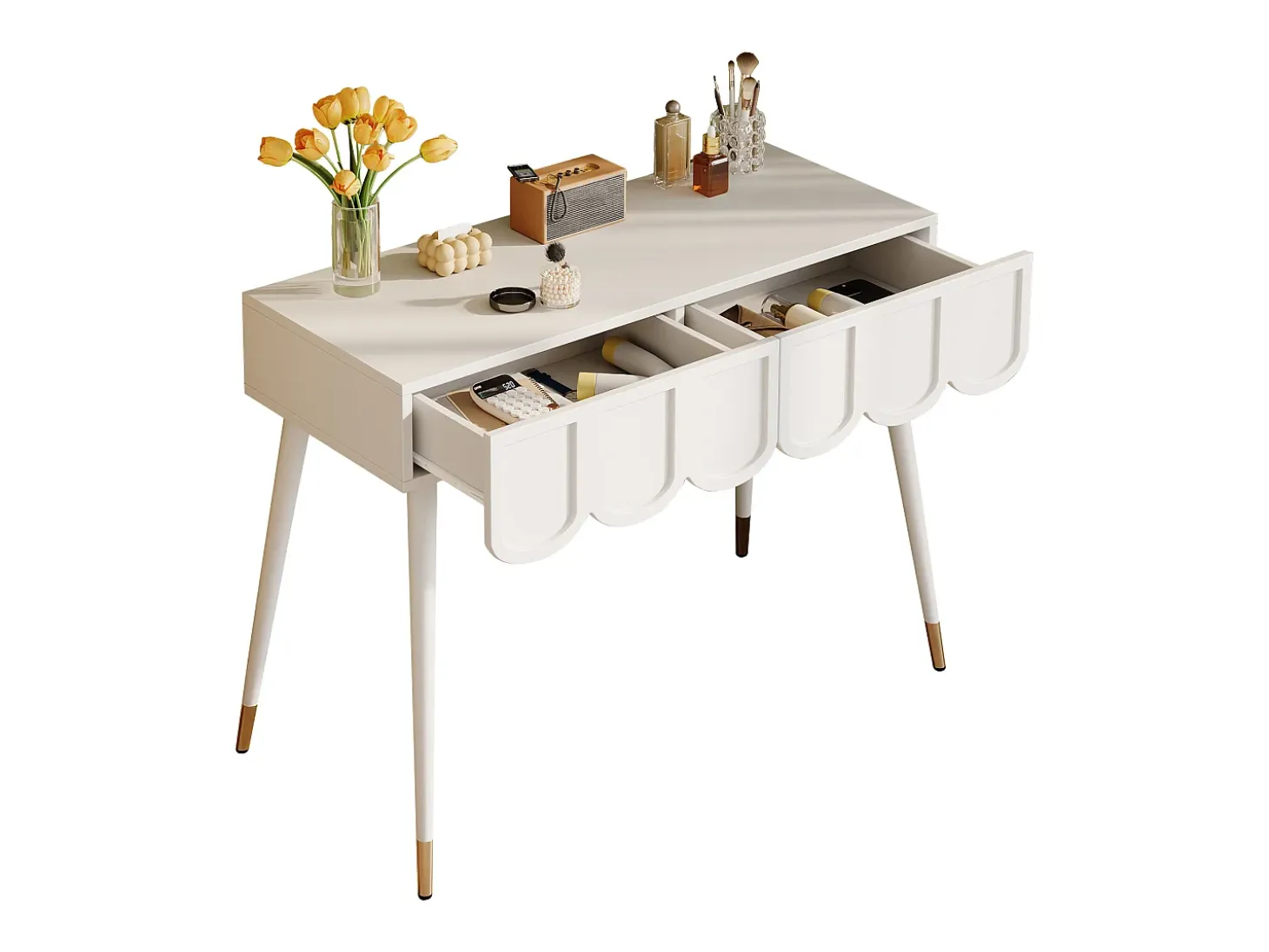 Consola con 2 cajones en forma de nube - Patas de metal - Blanco y dorado