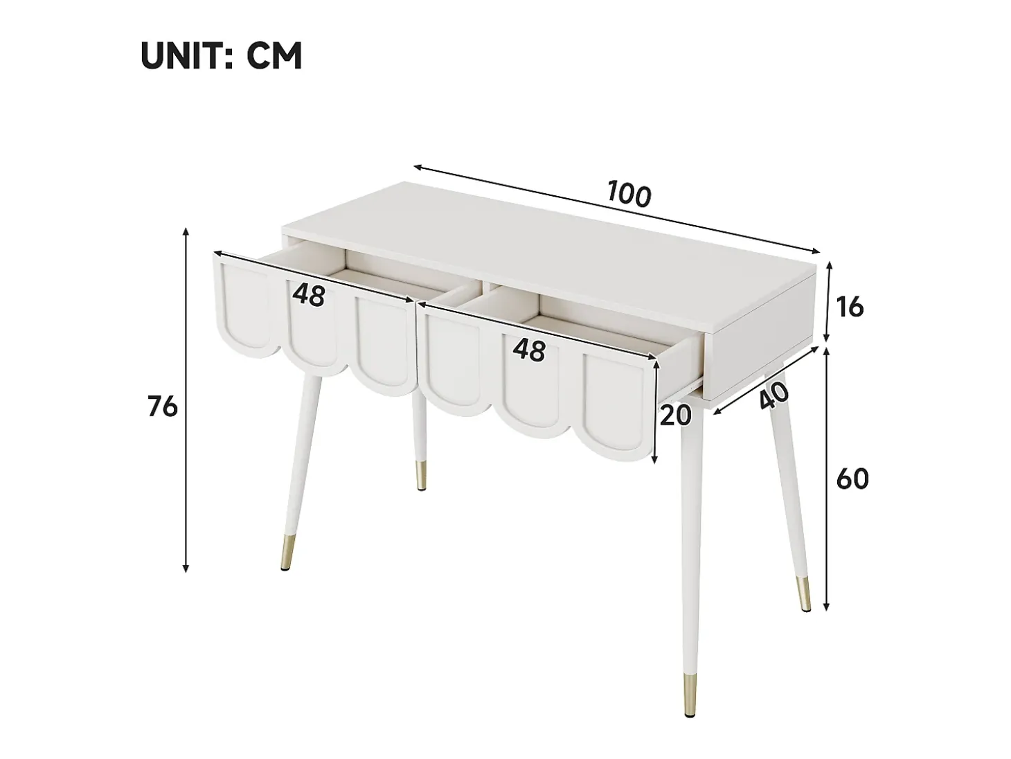 Consola con 2 cajones en forma de nube - Patas de metal - Blanco y dorado