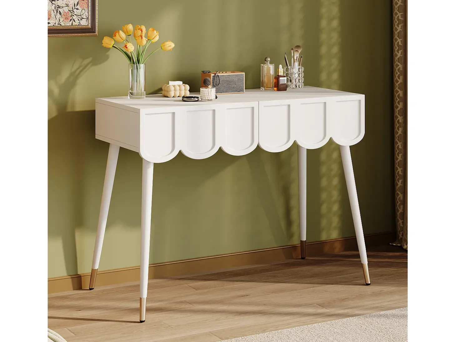 Consola con 2 cajones en forma de nube - Patas de metal - Blanco y dorado