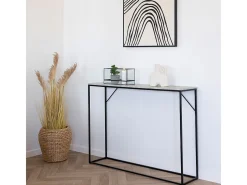 Consola con 1 estante, efecto piedra, estructura negra, 110 x 26 x 80 cm