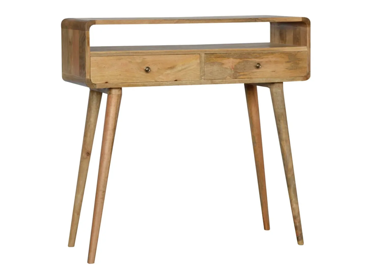 Consola curvada estilo roble Artisan Furniture, 2 cajones, 1 estante abierto, marrón claro