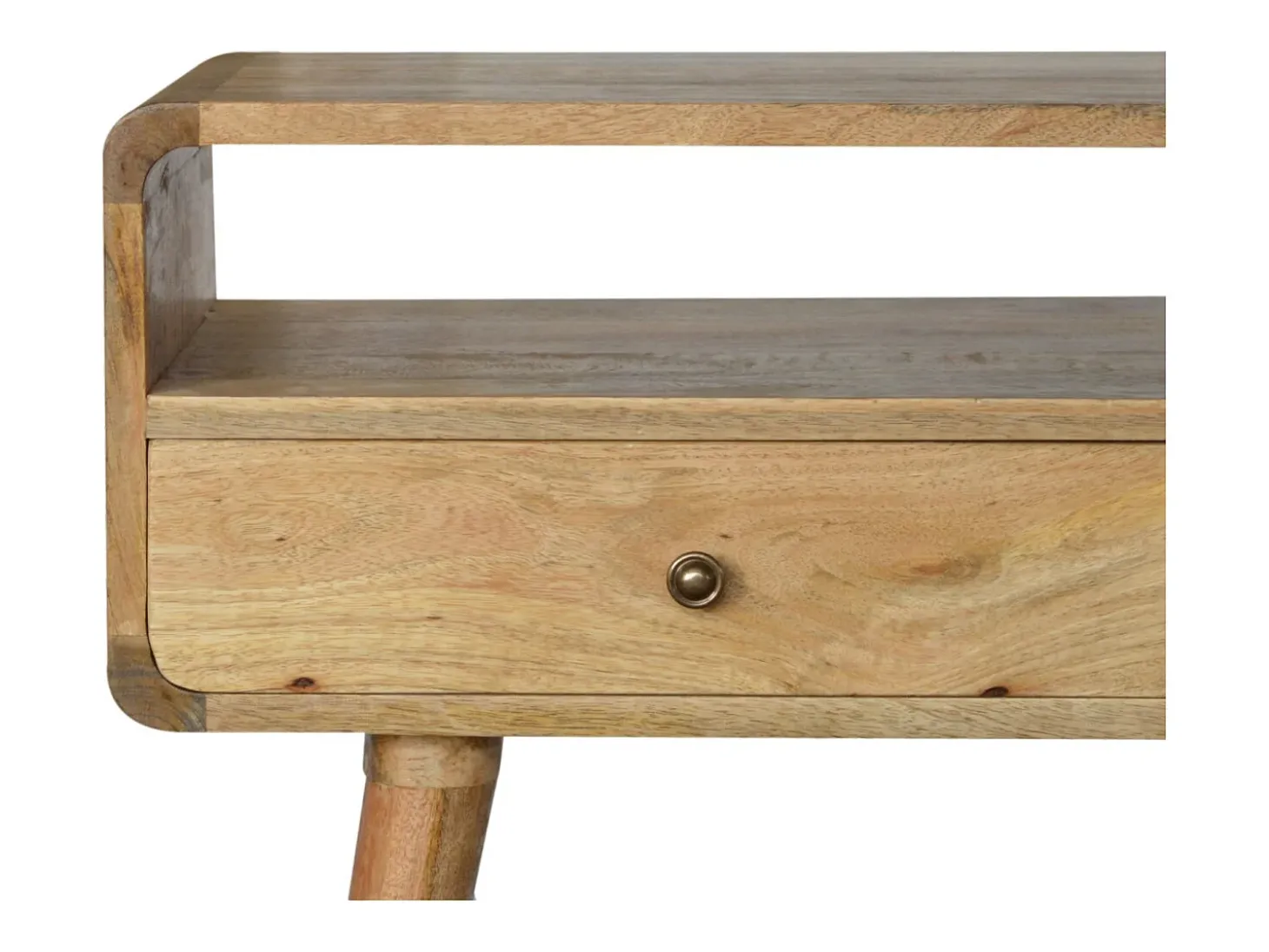 Consola curvada estilo roble Artisan Furniture, 2 cajones, 1 estante abierto, marrón claro