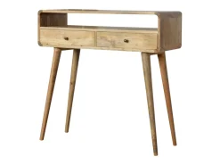 Consola curvada estilo roble Artisan Furniture, 2 cajones, 1 estante abierto, marrón claro