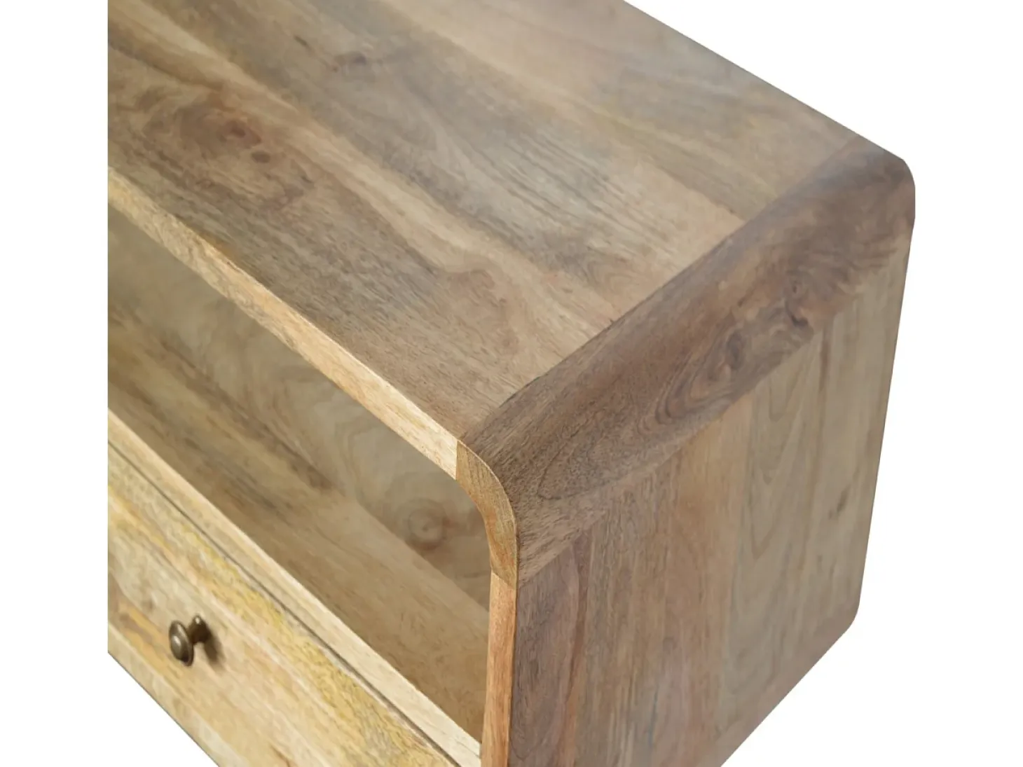 Consola curvada estilo roble Artisan Furniture, 2 cajones, 1 estante abierto, marrón claro