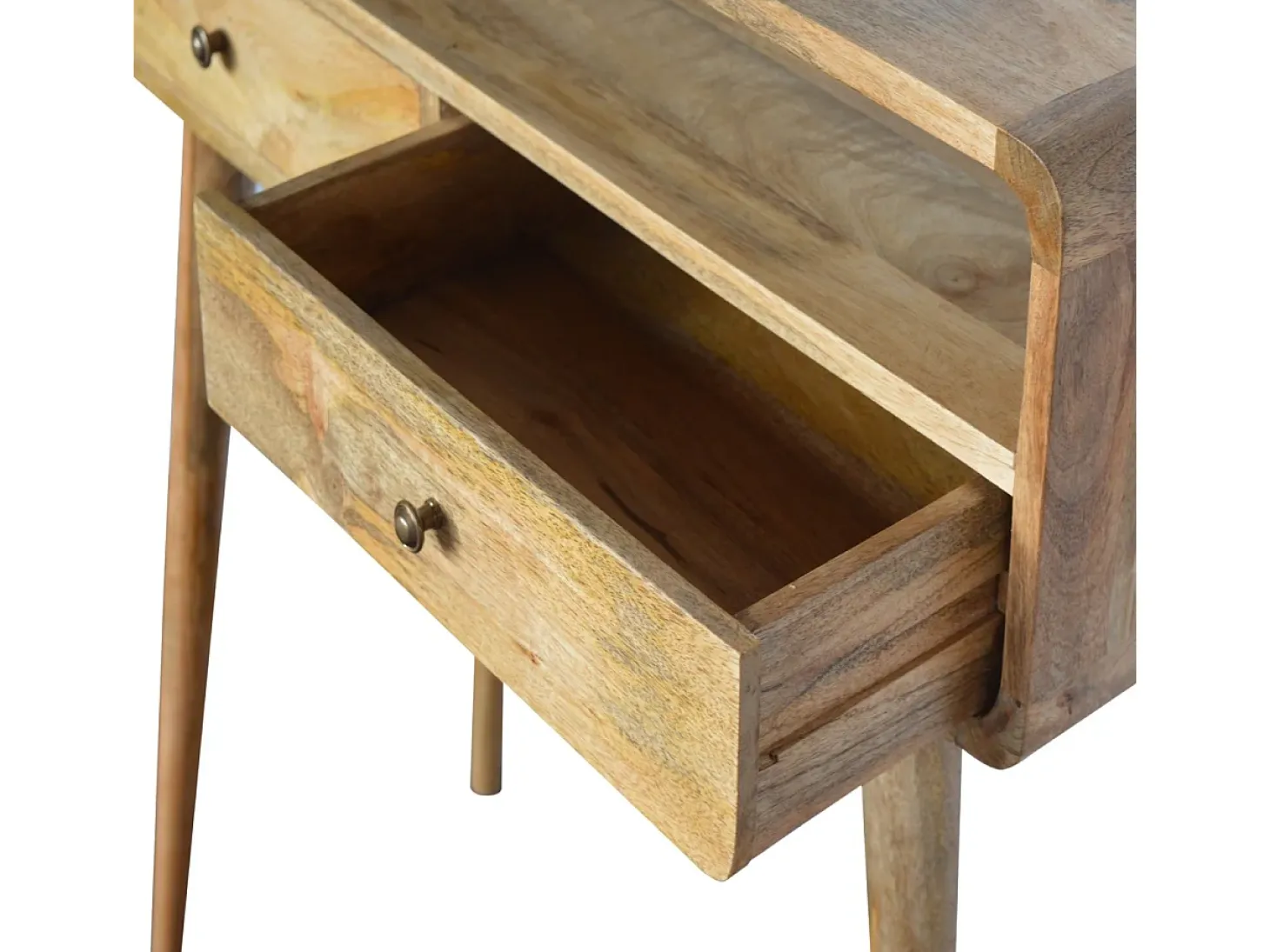 Consola curvada estilo roble Artisan Furniture, 2 cajones, 1 estante abierto, marrón claro