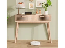 Consola de entrada moderna de madera marrón acanalada con asas altas y estrechas para sala de estar