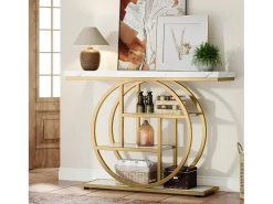 Consola de Estilo Industrial de 105 cm, con 4 Niveles y Base Circular, estrecha de Madera con Estantes de Almacenamiento (Blanco/Dorado)