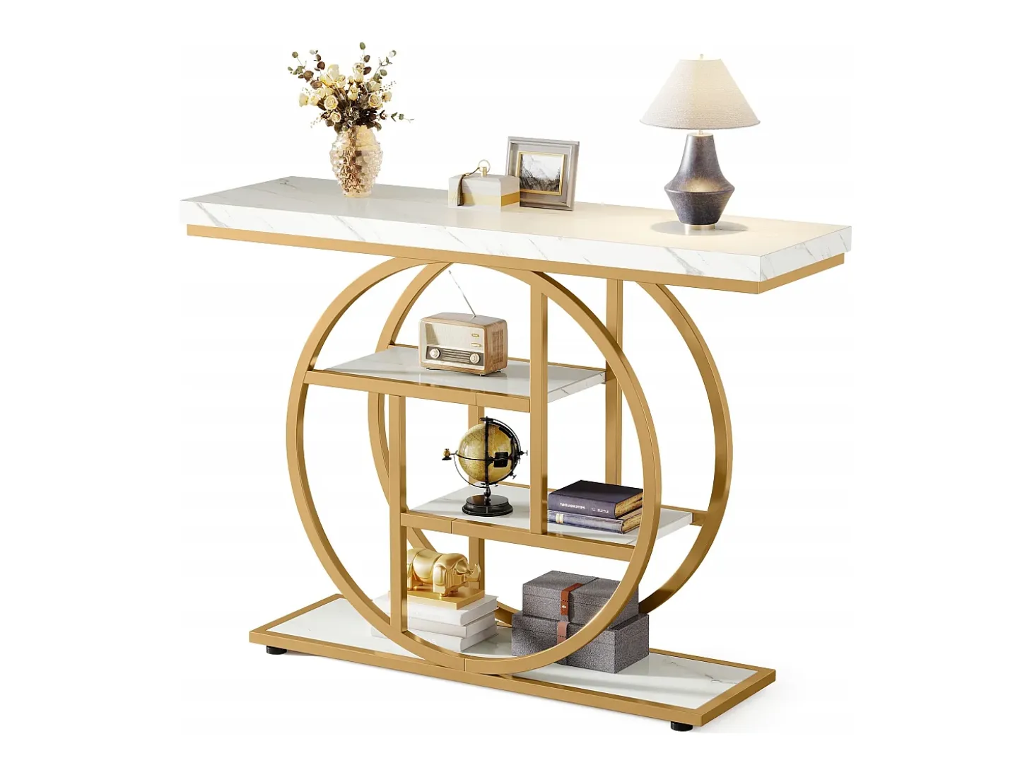 Consola de Estilo Industrial de 105 cm, con 4 Niveles y Base Circular, estrecha de Madera con Estantes de Almacenamiento (Blanco/Dorado)