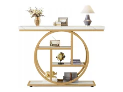 Consola de Estilo Industrial de 105 cm, con 4 Niveles y Base Circular, estrecha de Madera con Estantes de Almacenamiento (Blanco/Dorado)