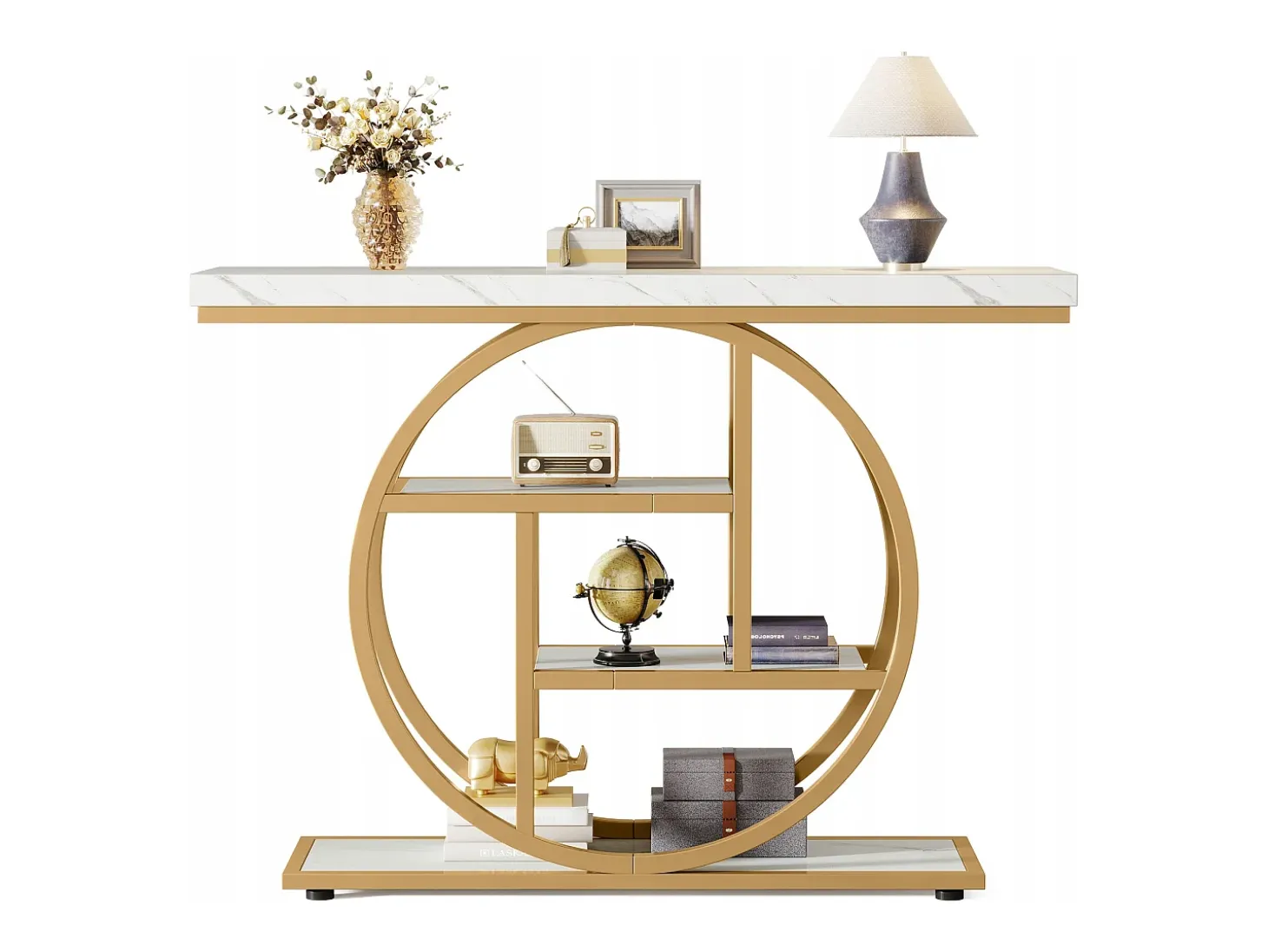 Consola de Estilo Industrial de 105 cm, con 4 Niveles y Base Circular, estrecha de Madera con Estantes de Almacenamiento (Blanco/Dorado)