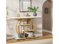 Consola de Estilo Industrial de 105 cm, con 4 Niveles y Base Circular, estrecha de Madera con Estantes de Almacenamiento (Blanco/Dorado)
