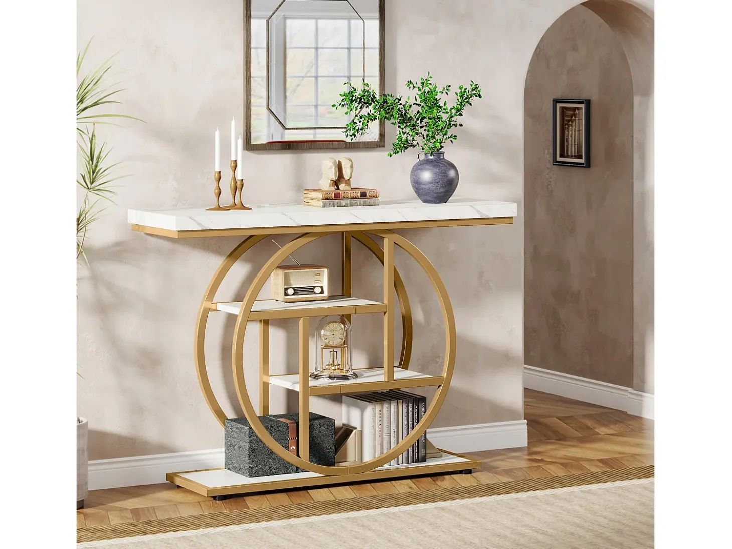 Consola de Estilo Industrial de 105 cm, con 4 Niveles y Base Circular, estrecha de Madera con Estantes de Almacenamiento (Blanco/Dorado)