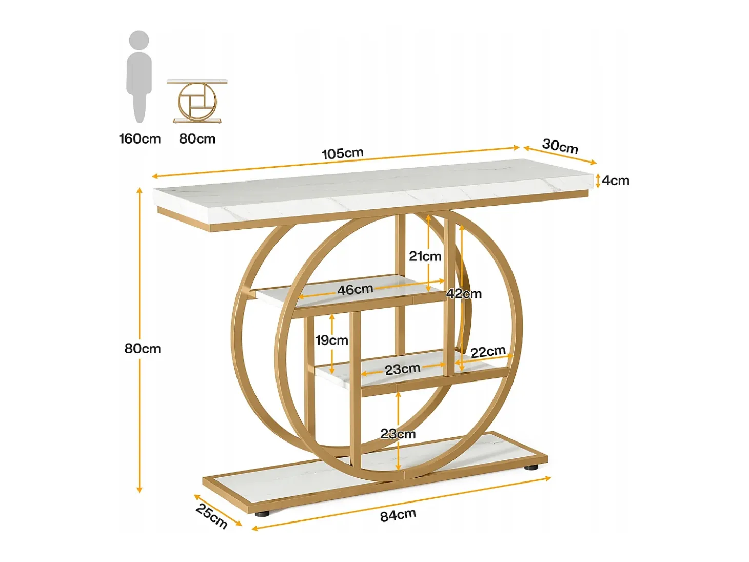 Consola de Estilo Industrial de 105 cm, con 4 Niveles y Base Circular, estrecha de Madera con Estantes de Almacenamiento (Blanco/Dorado)