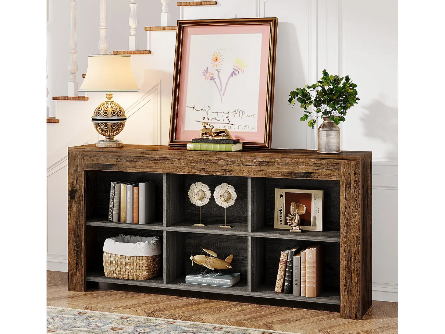 Consola de mesa de 160 cm de largo, mesa de entrada de madera rústica con 6 cubos de almacenamiento