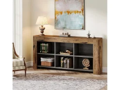 Consola de mesa de 160 cm de largo, mesa de entrada de madera rústica con 6 cubos de almacenamiento