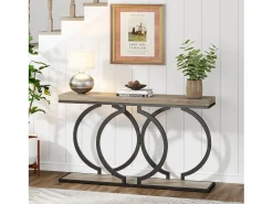 Consola de mesa dorada de 140 cm, Mesa de entrada moderna con patas de metal dorado en forma de O, 140 x 30 x 80 cm, gris