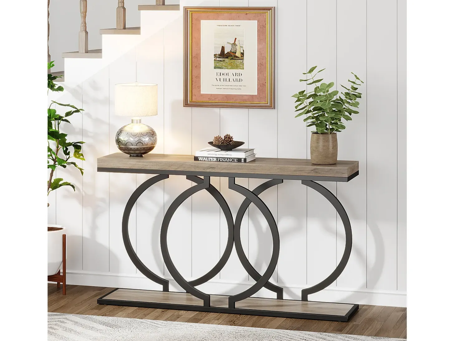 Consola de mesa dorada de 140 cm, Mesa de entrada moderna con patas de metal dorado en forma de O, 140 x 30 x 80 cm, gris