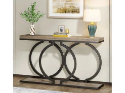 Consola de mesa dorada de 140 cm, Mesa de entrada moderna con patas de metal dorado en forma de O, 140 x 30 x 80 cm, gris