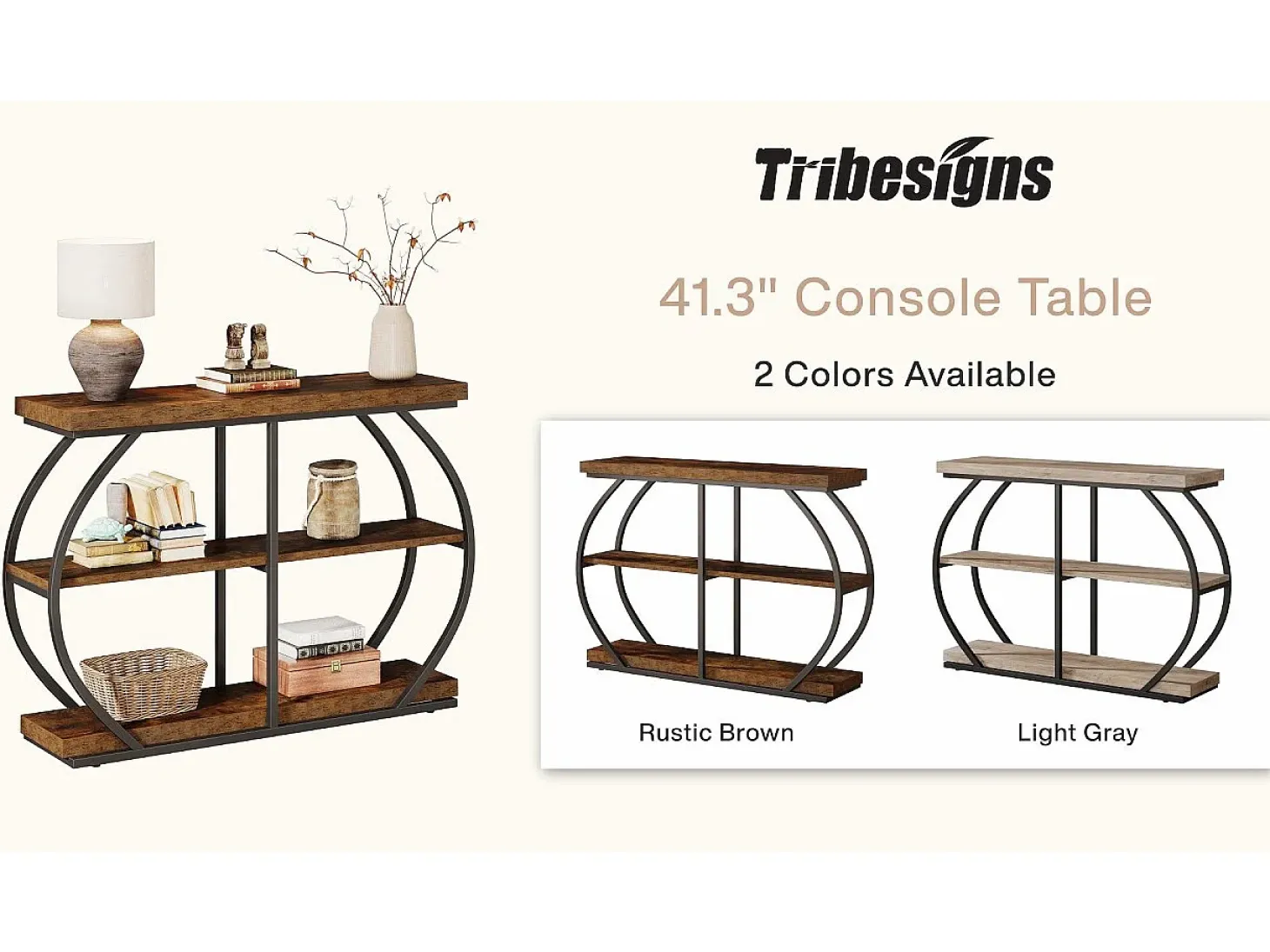 Consola de mesa industrial de tres niveles con marco de metal arqueado y estantes de almacenamiento