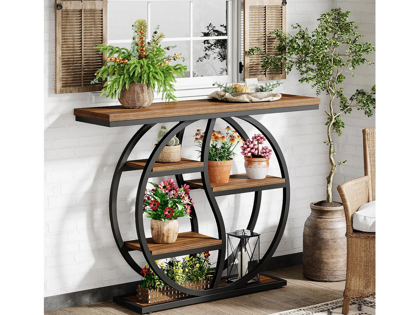 Consola de mesa industrial de 4 niveles, 120 x 30 cm, con base circular