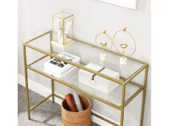 Consola de salón Valora Mesa de cristal Estantes metálicos dorados