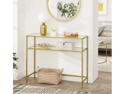 Consola de salón Valora Mesa de cristal Estantes metálicos dorados