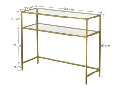 Consola de salón Valora Mesa de cristal Estantes metálicos dorados