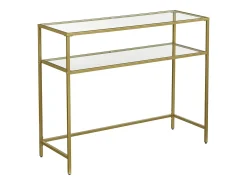 Consola de salón Valora Mesa de cristal Estantes metálicos dorados
