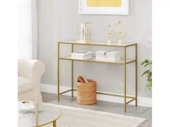 Consola de salón Valora Mesa de cristal Estantes metálicos dorados